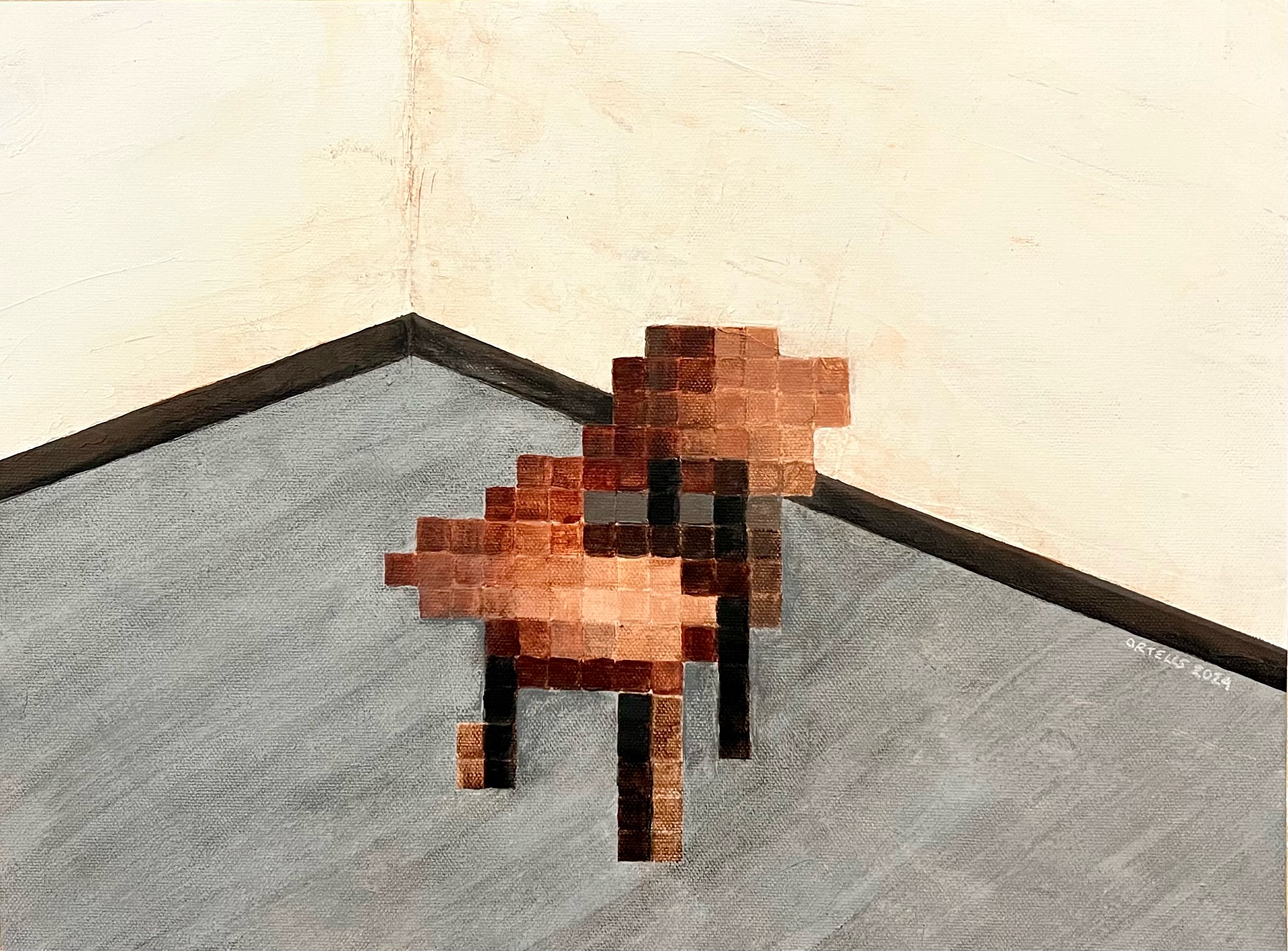 un pupitre pixelado en un rincón de una habitación